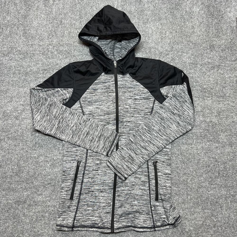 Eddie Bauer Motion Jacket Womens Small Gray Black Hooded Full Zip Stretch